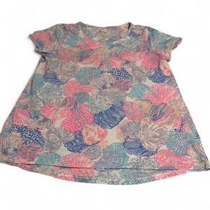 Lilly Pulitzer XL Seashell Print T Shirt Top Short Sleeve V Neck Women